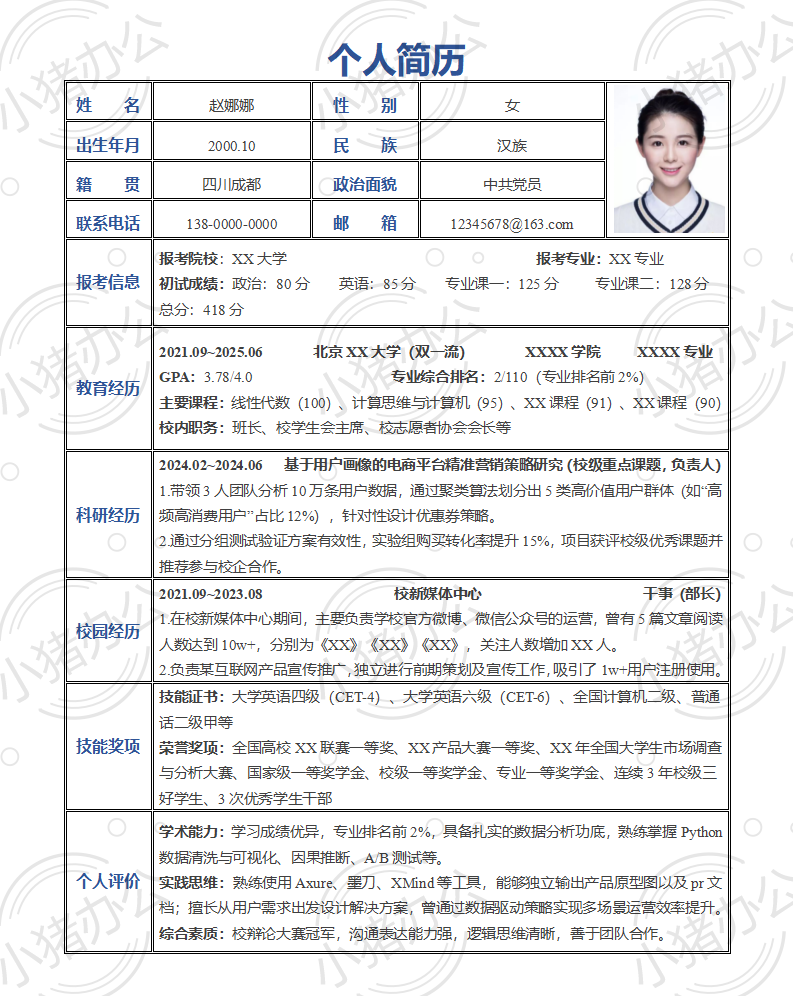 考研复试简历模板5(高清无水印可编辑)