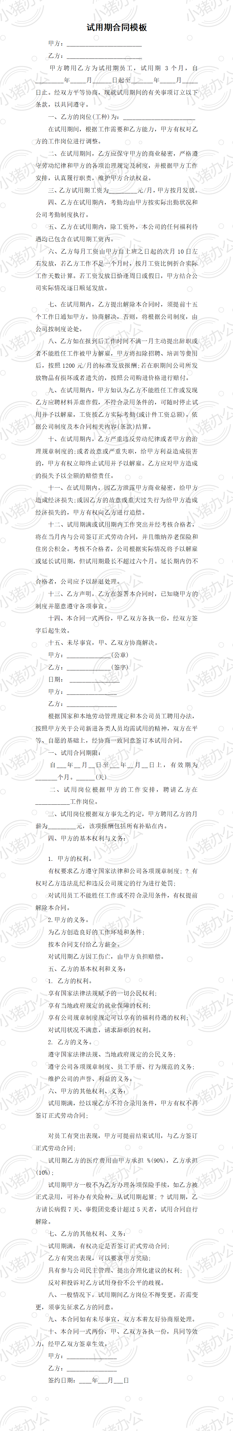 试用期合同模板(word模板无水印可编辑)