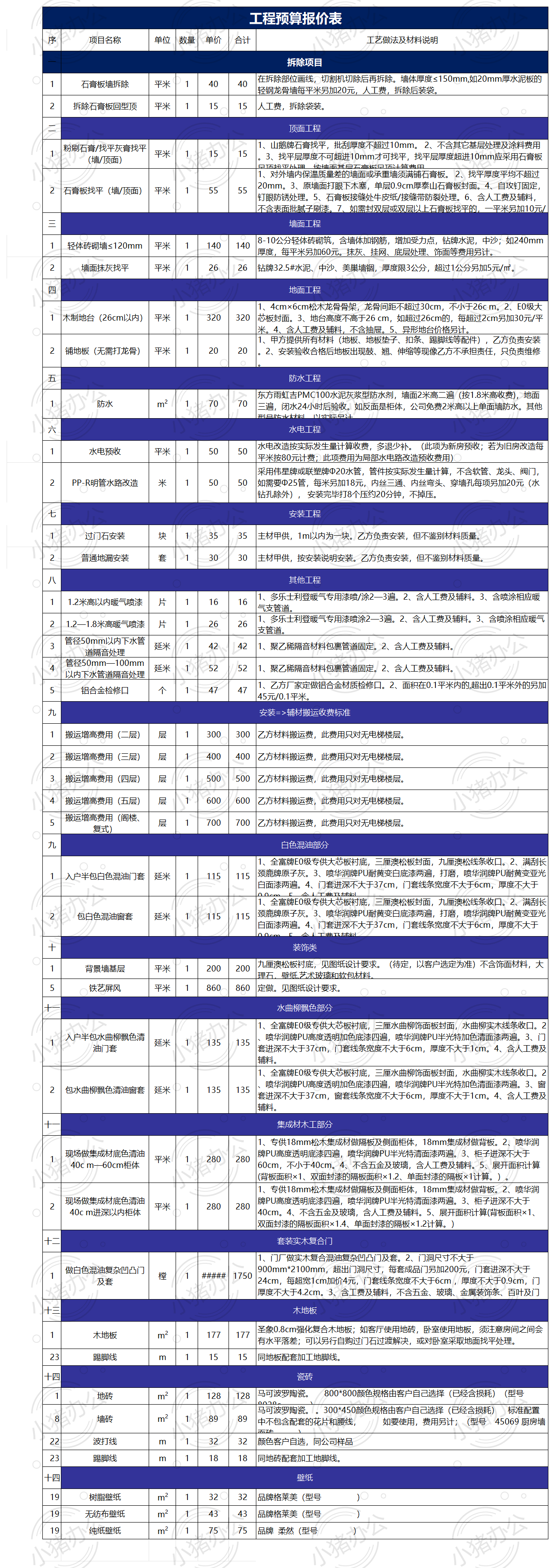工程预算报价单excel电子表格模板可编辑(高清无水印)109