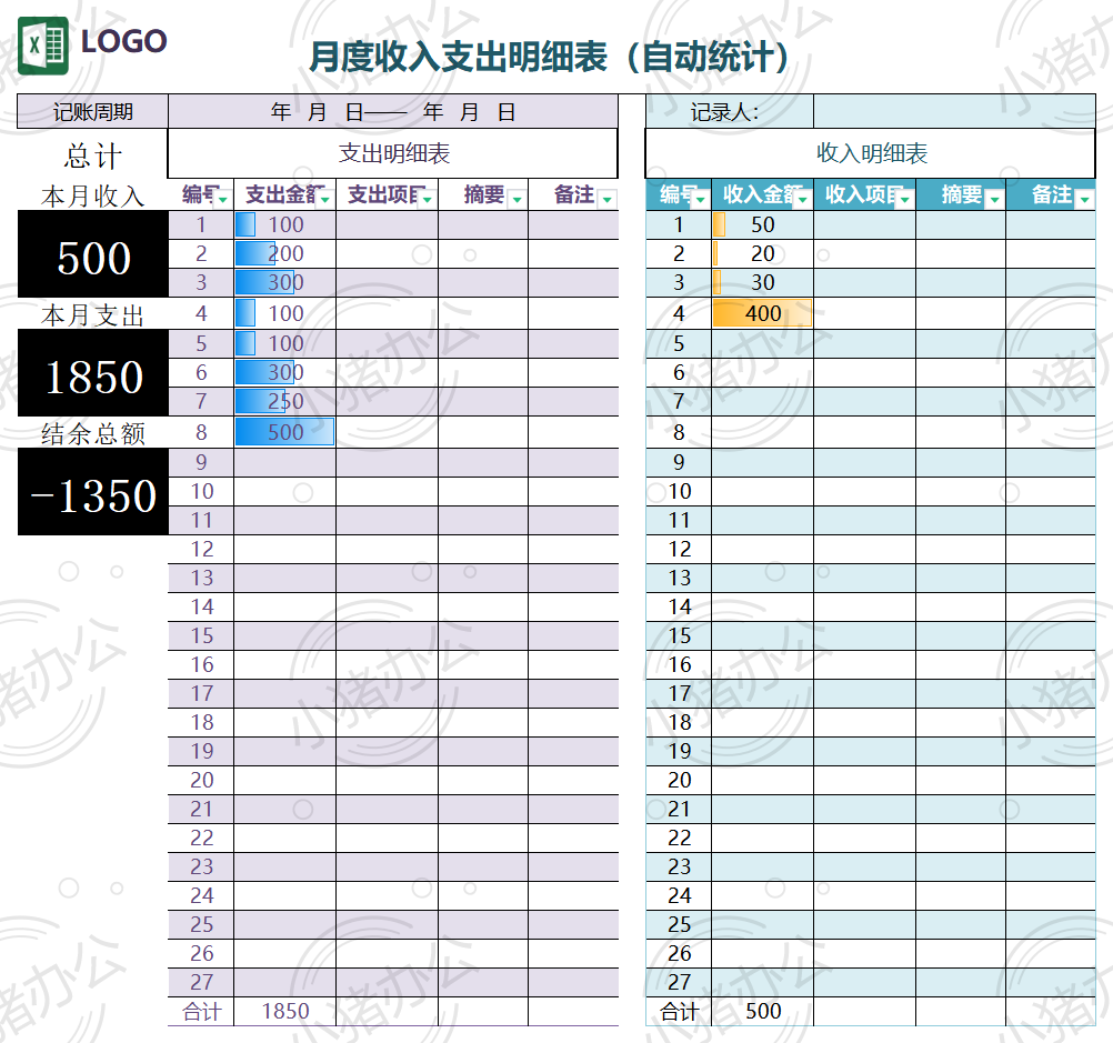 月度收入支出明细表excel电子表格模板可编辑(高清无水印)17