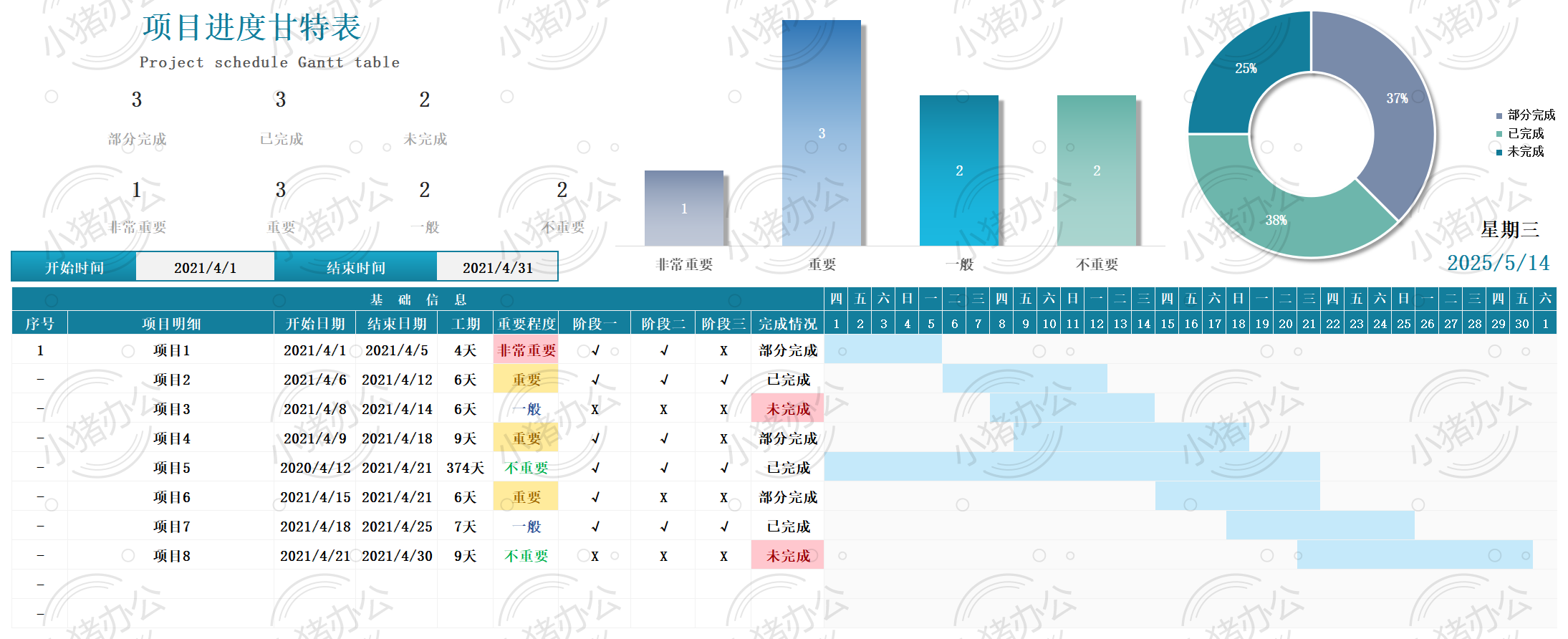 工作项目进度甘特图excel电子表格模板可编辑(高清无水印)26