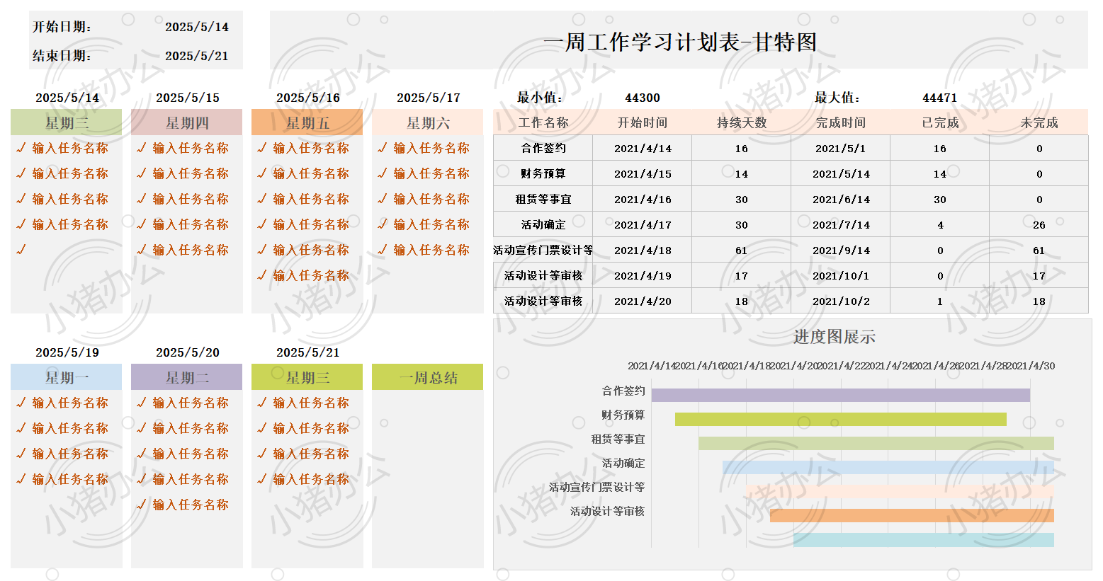 工作学习计划甘特图excel电子表格模板可编辑(高清无水印)28