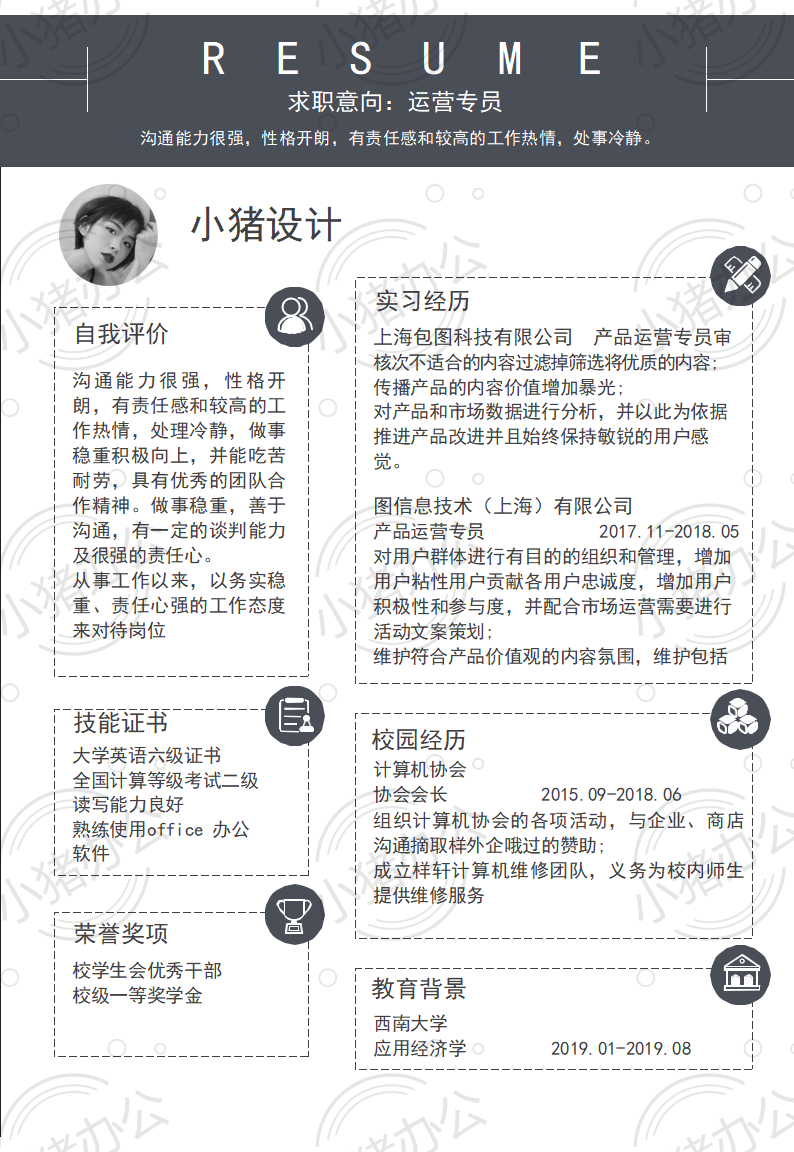 运营专员简历模板应届生大学生毕业生实习个人求职找工作4期单页30(无水印可编辑)