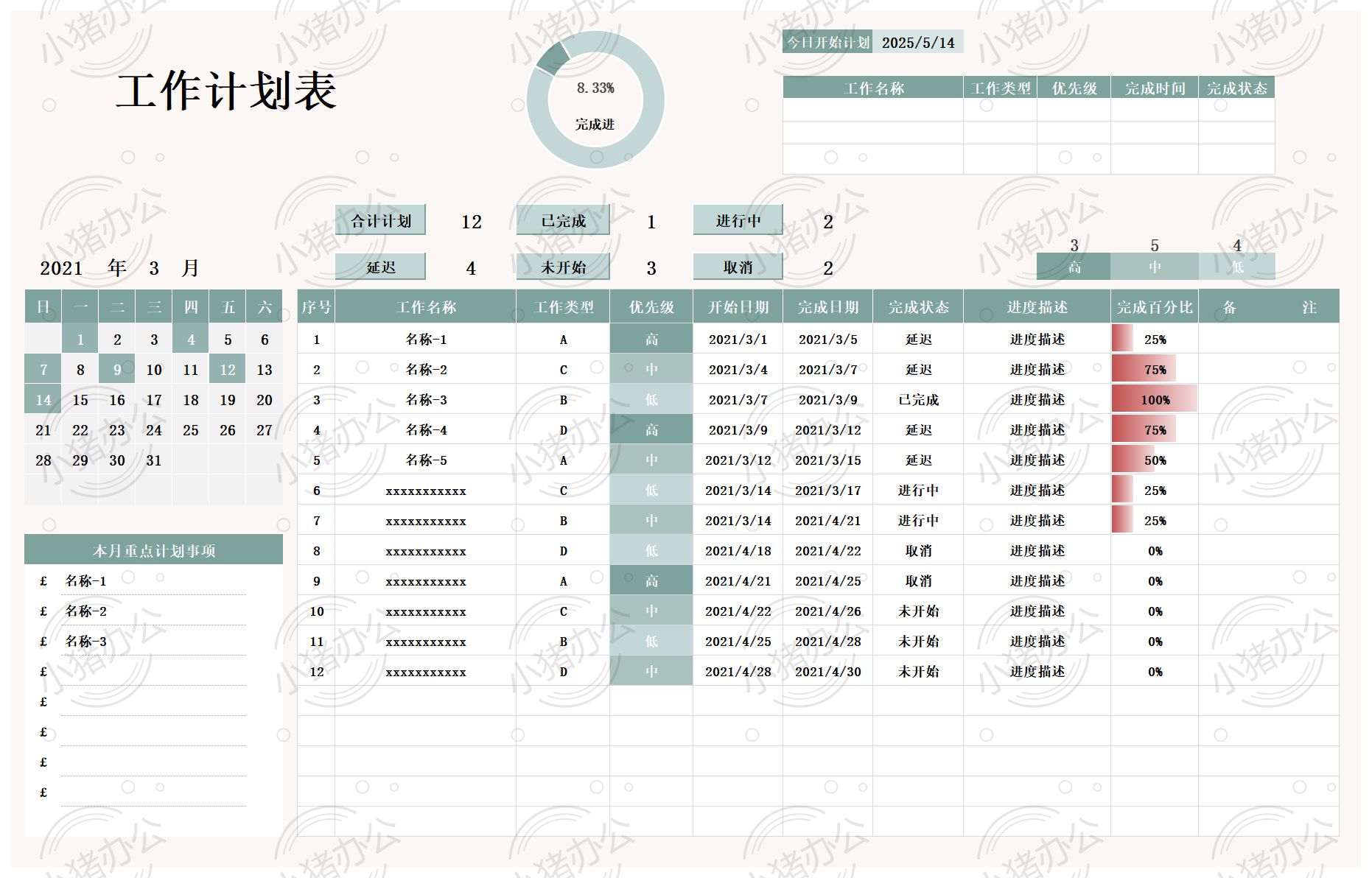 当日计划自动生成工作计划表excel电子表格模板可编辑(高清无水印)5