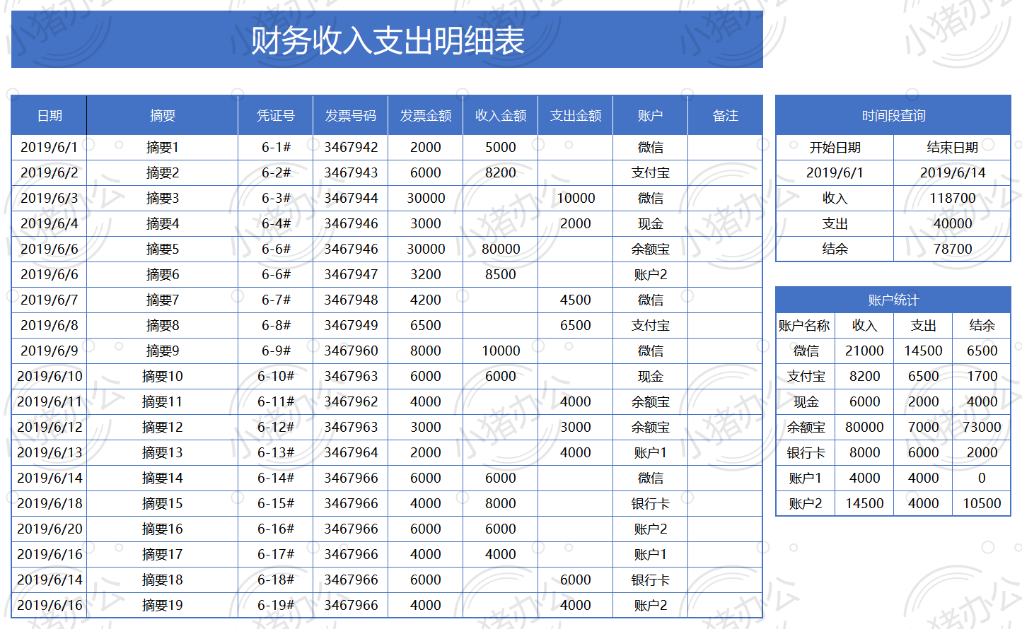 财务收入支出明细表（按账户智能统计）excel电子表格模板可编辑（高清无水印）55