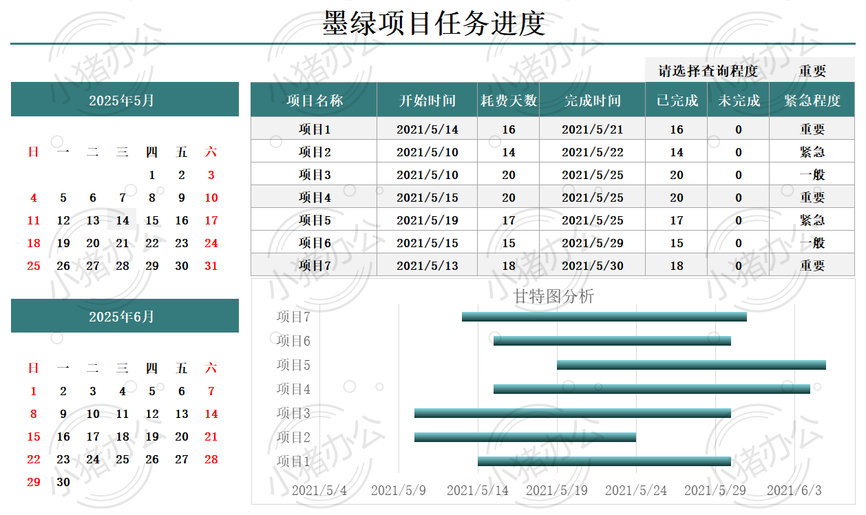 墨绿项目任务甘特图excel电子表格模板可编辑(高清无水印)62