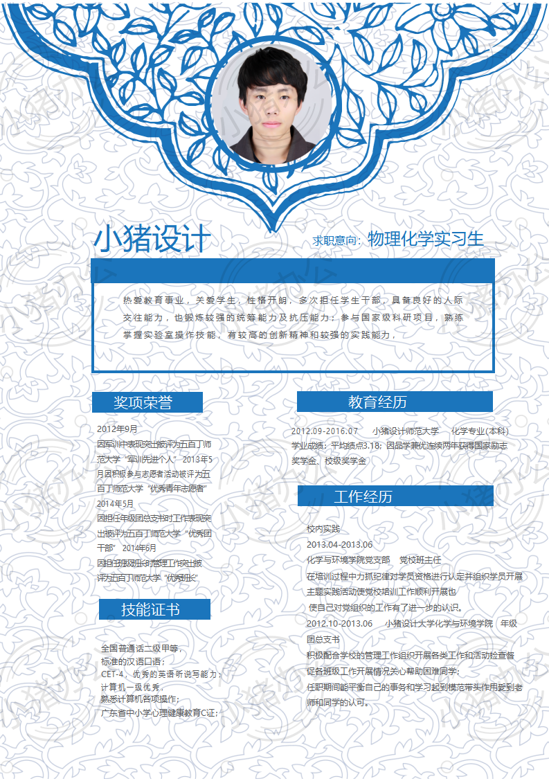 物理化学实习生简历模板应届生大学生毕业生实习个人求职找工作2期单页78(无水印可编辑)