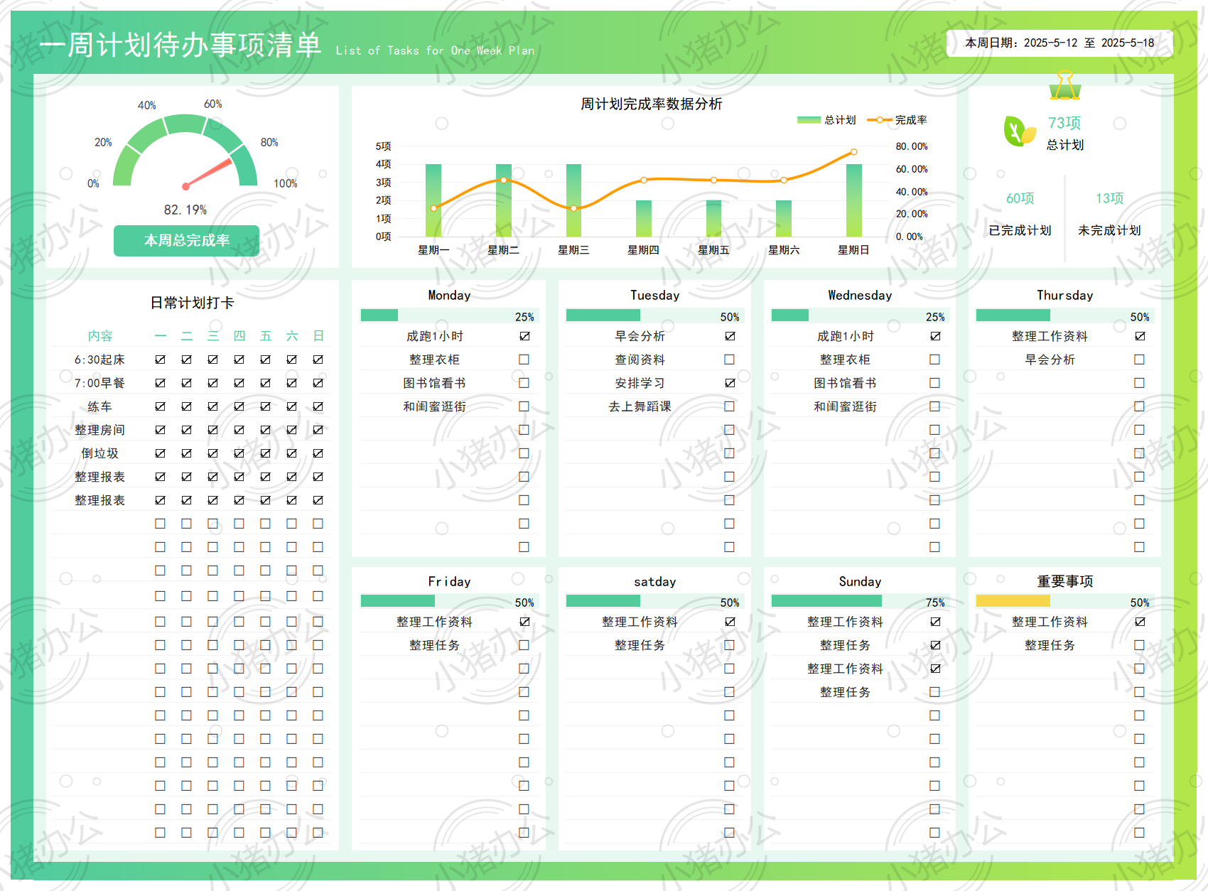 一周计划待办事项清单6excel电子表格模板可编辑(高清无水印)
