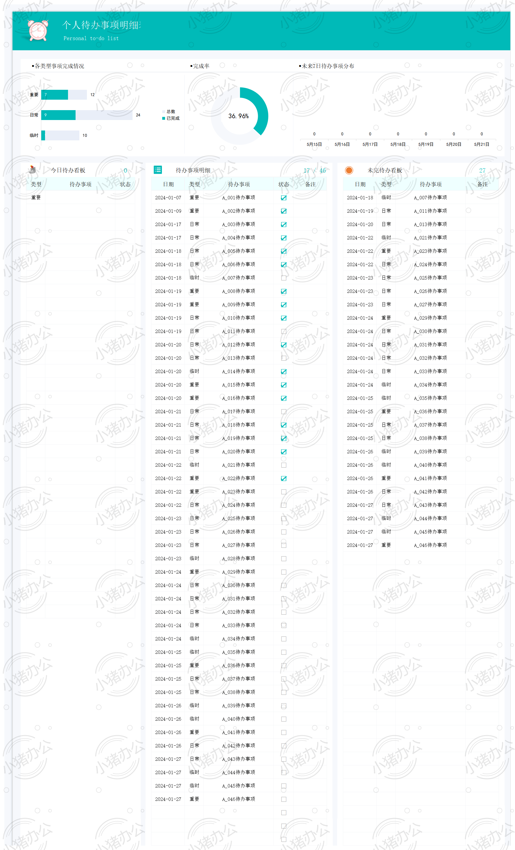 个人待办事项管理表45excel电子表格模板可编辑(高清无水印)