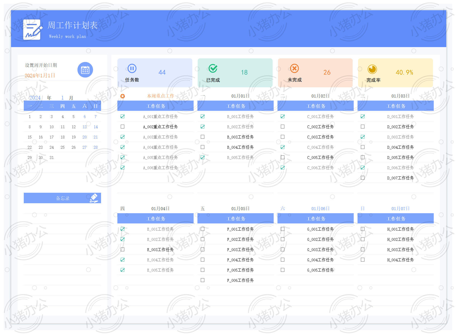 周工作计划表1excel电子表格模板可编辑(高清无水印)