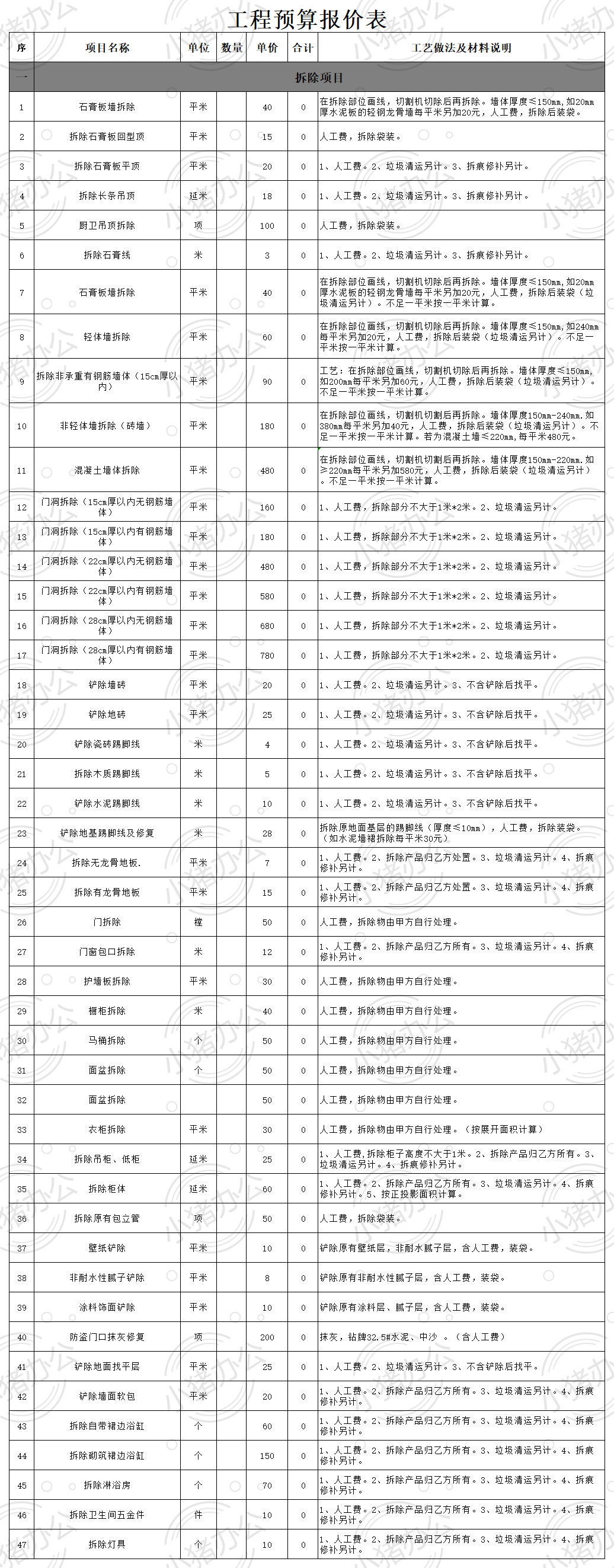 工程预算报价表（很全）excel电子表格模板可编辑（高清无水印）10