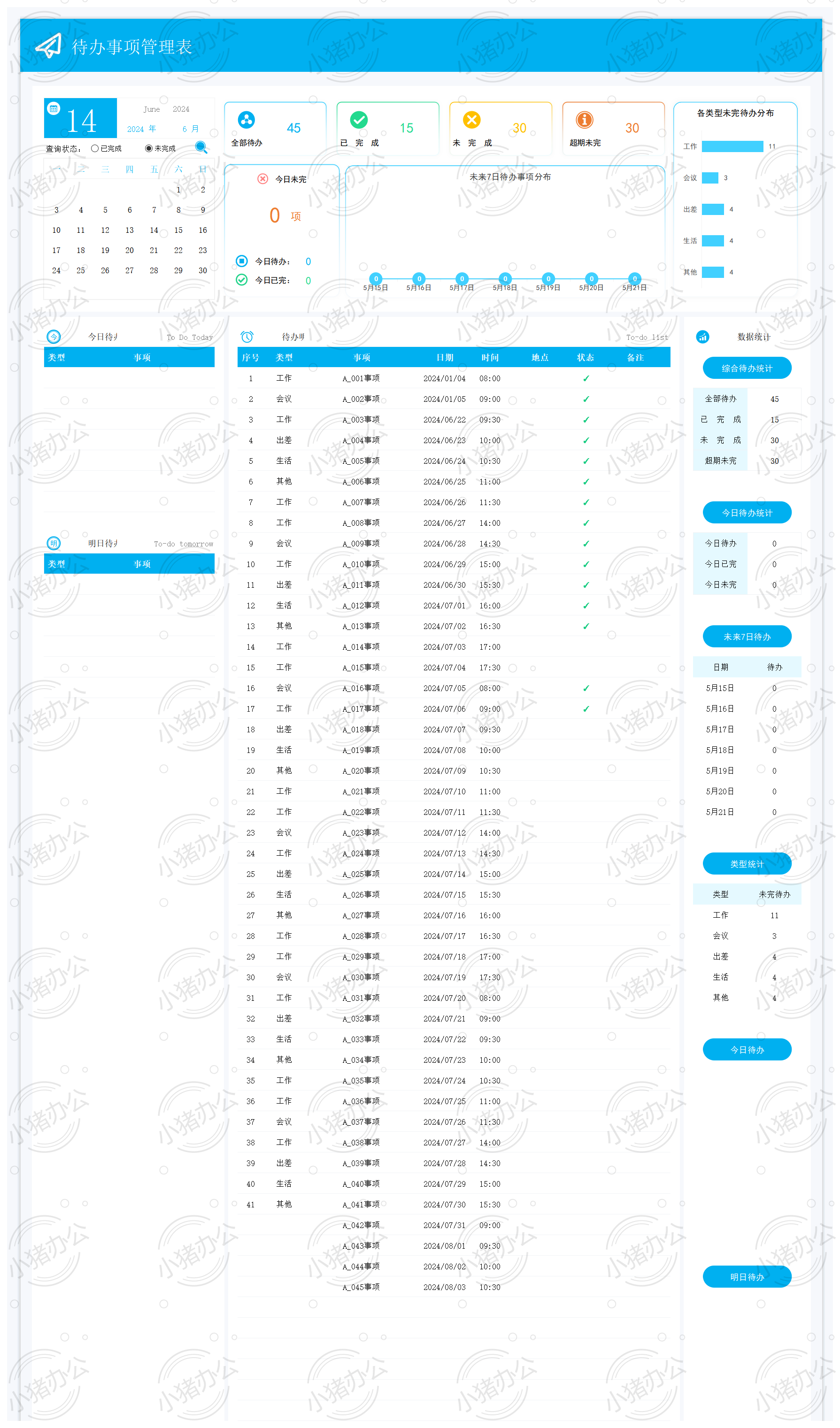 待办事项明细提醒表61excel电子表格模板可编辑(高清无水印)