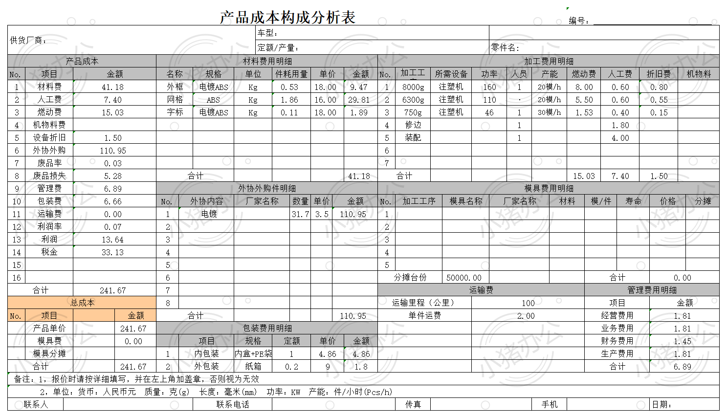 报价单产品成本构成分析excel电子表格模板可编辑(高清无水印)46
