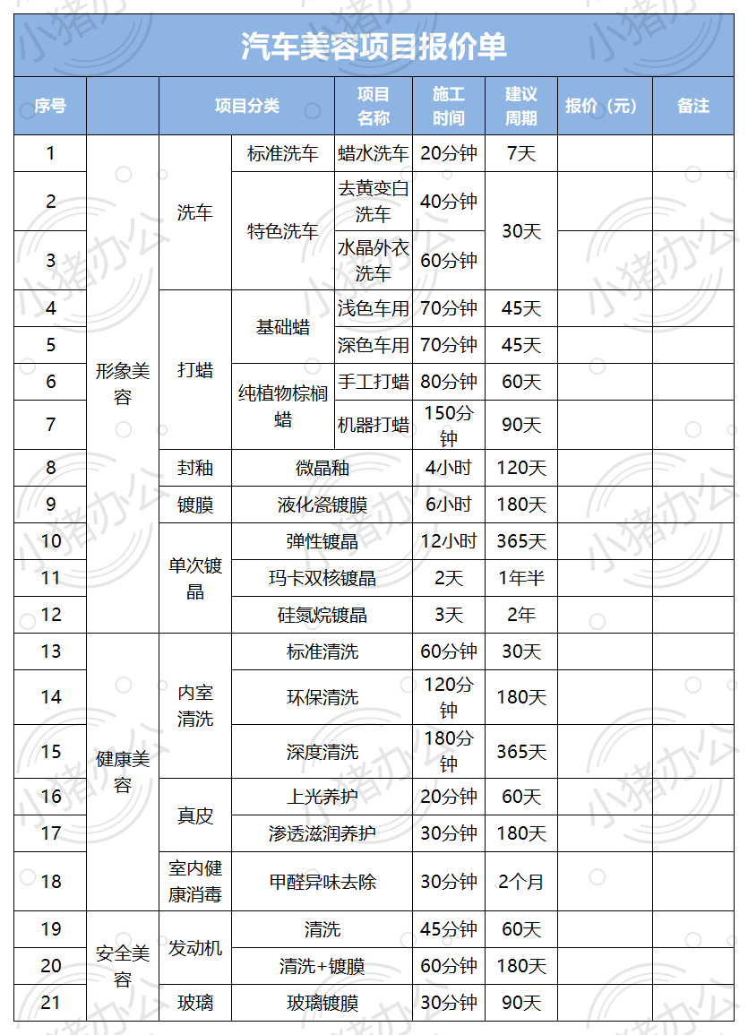 汽车美容项目报价单excel电子表格模板可编辑(高清无水印)19
