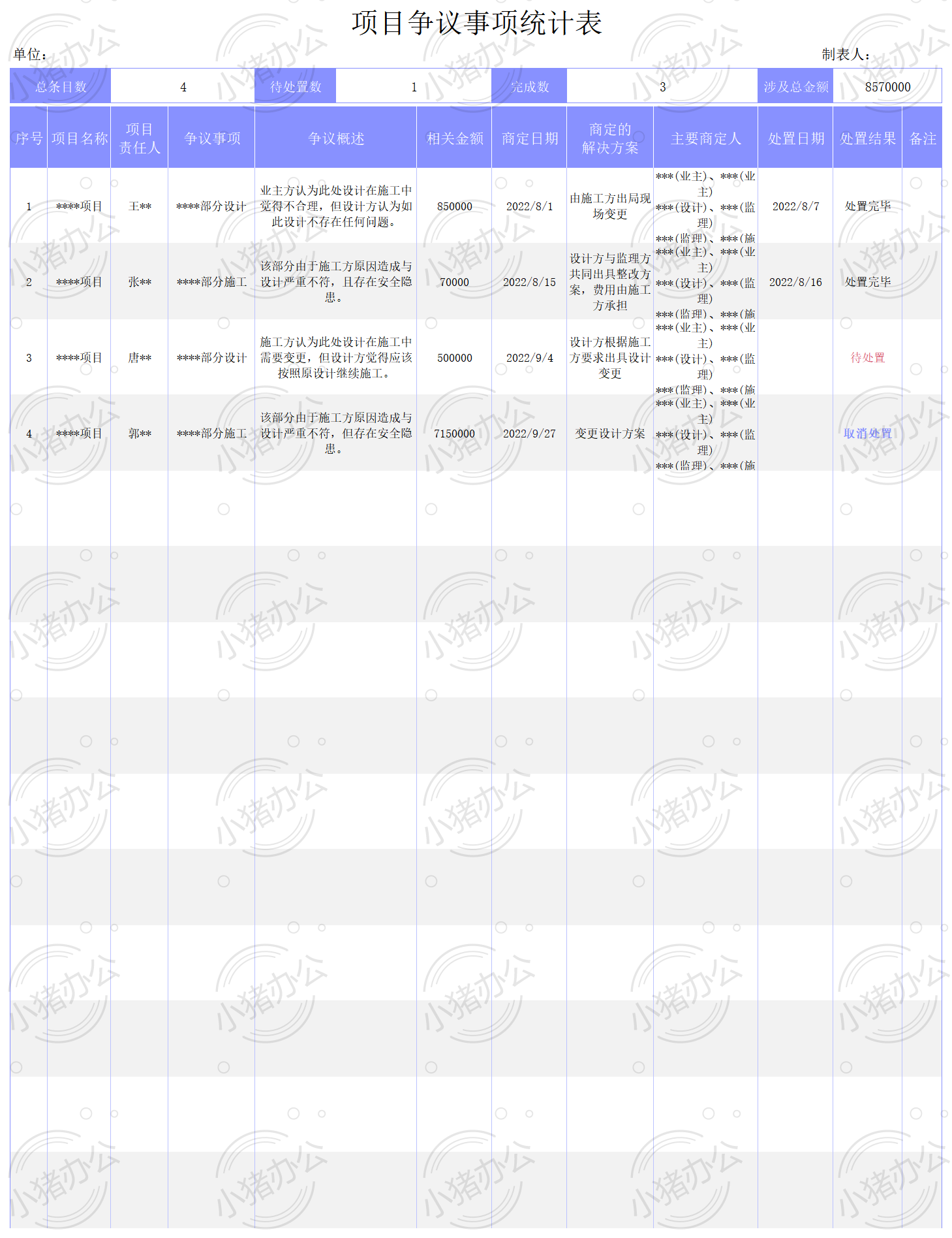 项目争议事项统计表12excel电子表格模板可编辑(高清无水印)